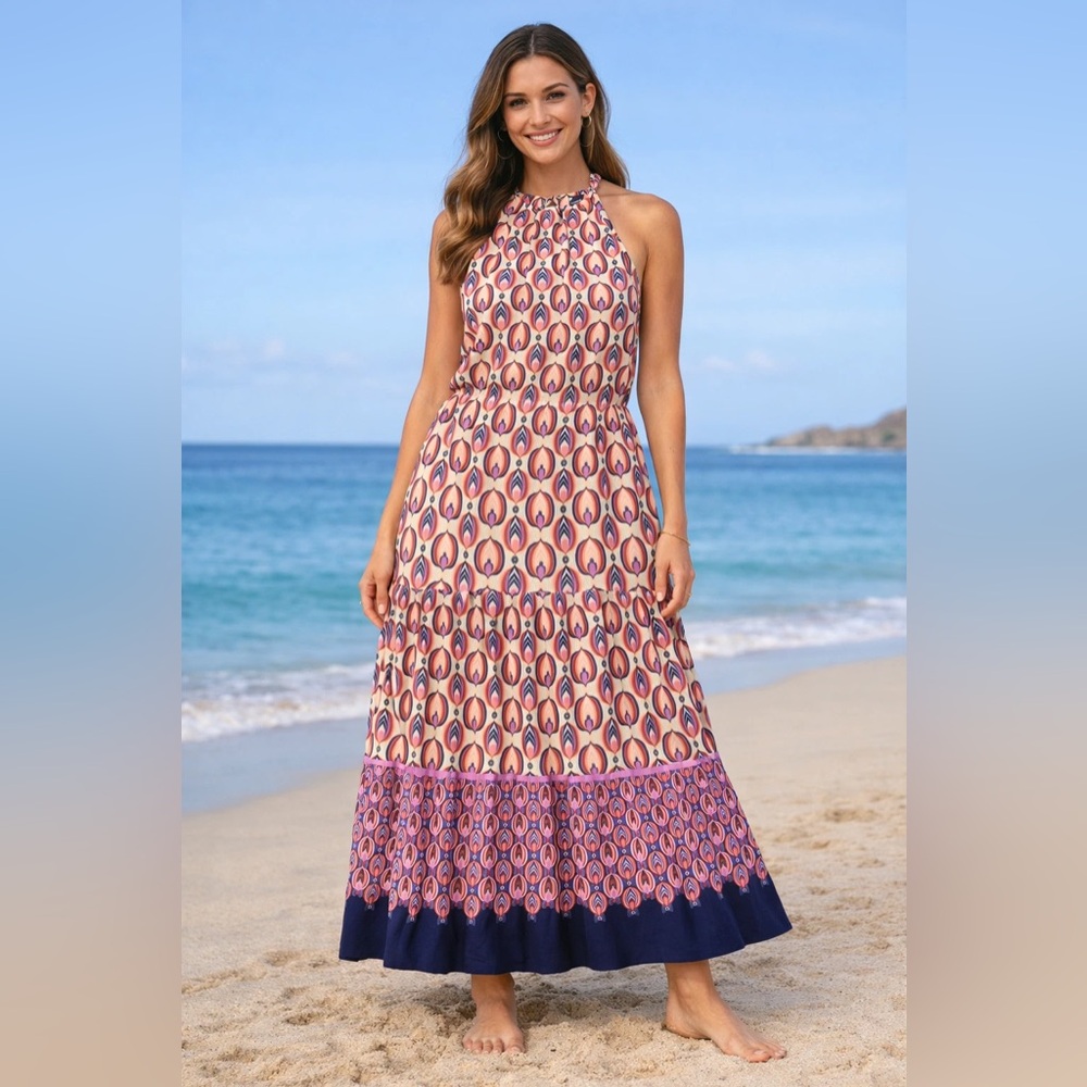 Maison Tara Women’s Maxi Dress Sz 10 Peacock Print Halter Beach Resort‎ Vacation